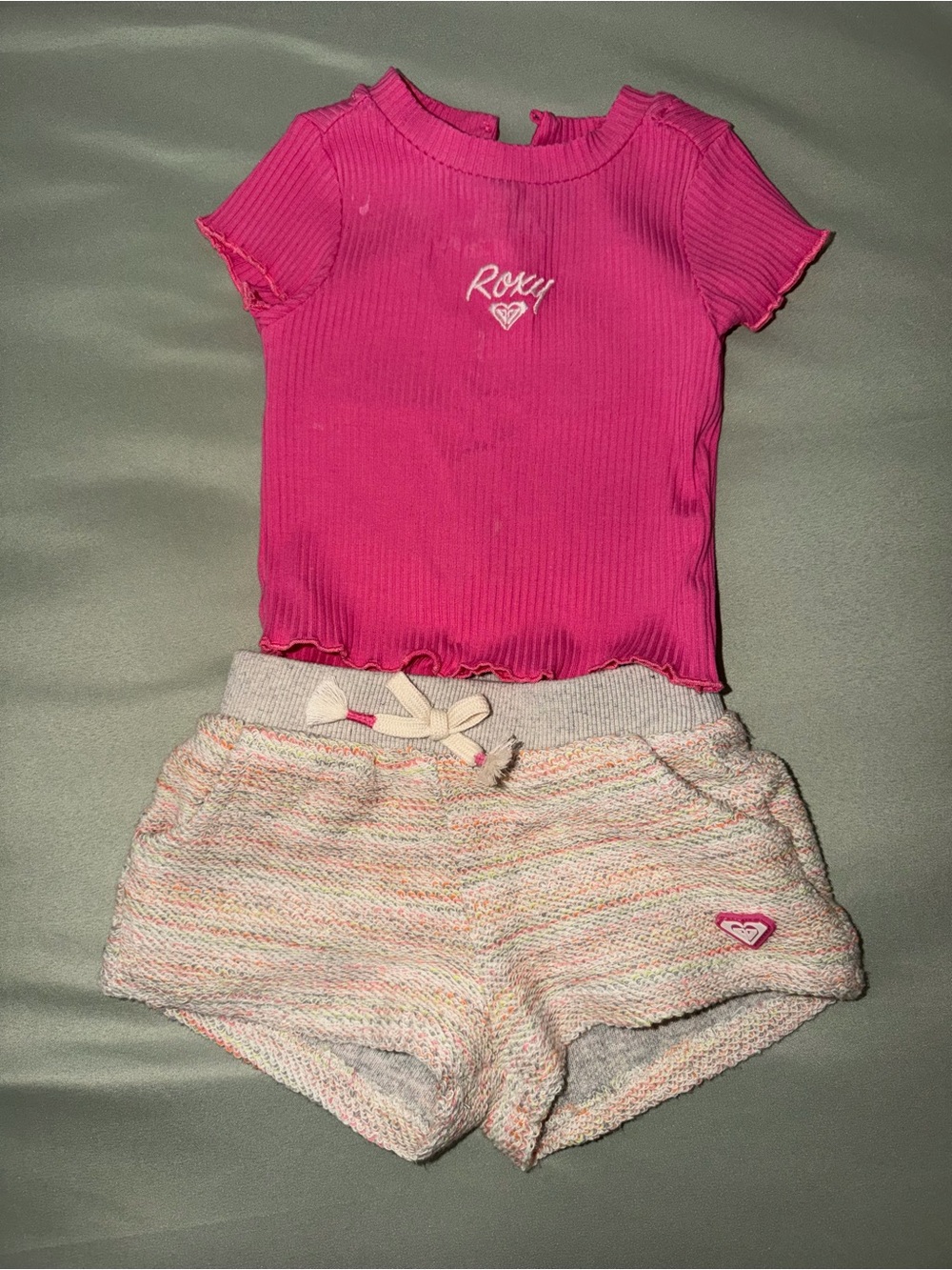 Roxy Girls' Hot Pink Ribbed Short Sleeve Pajama Top with Heathered Knit Shorts